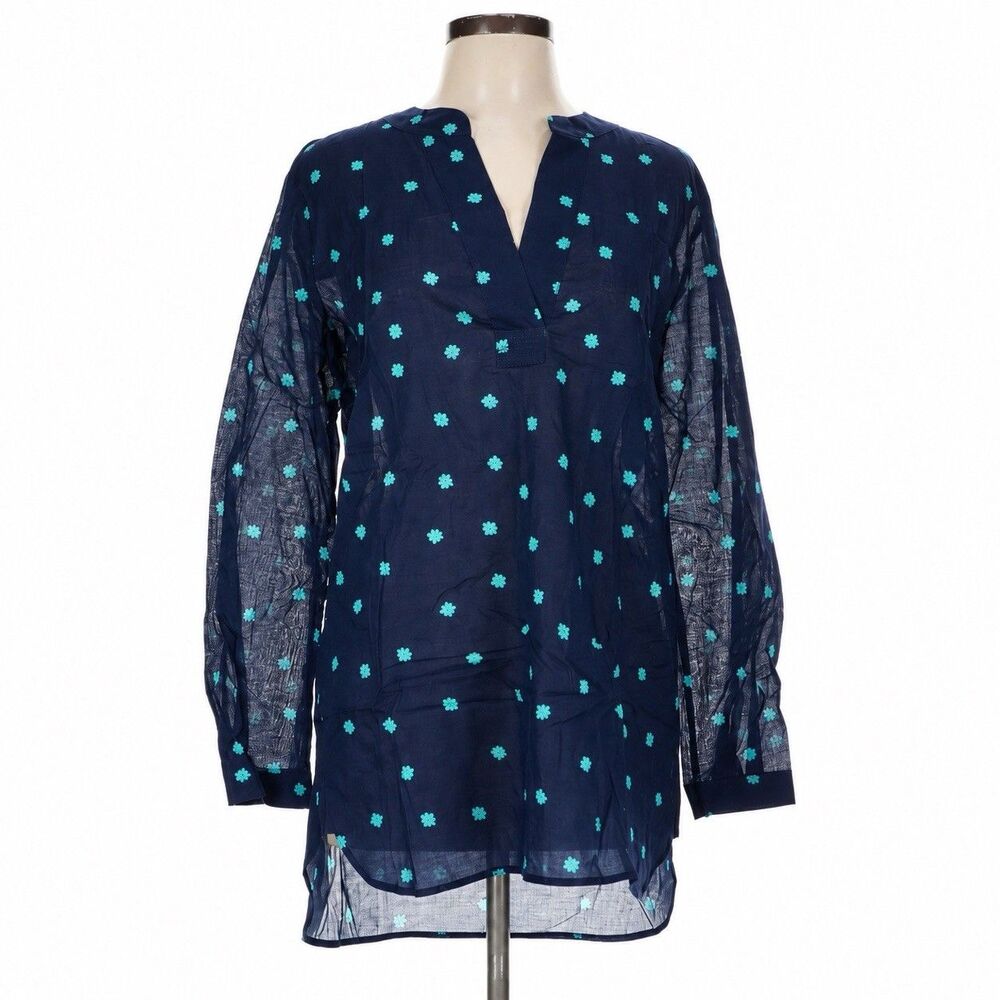 Diane von Furstenberg DVF Tunic Blouse Medium Navy Teal Floral Cotton
